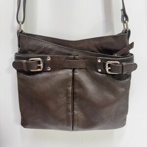 5th Avenue Dark Brown Real‎ Leather Crossbody Bag Silver Buckle Detail Messenger